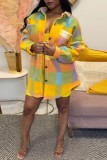Yellow Casual Print Patchwork Cardigan Turndown Collar Outerwear