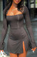Black Sexy Solid Bandage Patchwork Slit Square Collar A Line Dresses