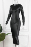 Brownness Casual Solid Basic O Neck Long Sleeve Dresses