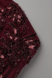 Burgundy Sexy Solid Tassel Embroidered Patchwork Backless Oblique Collar One Shoulder Dress Dresses