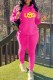 Rose Red Casual Print Letter Hooded Collar Long Sleeve Two Pieces