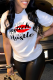 White Casual Daily Lips Printed Patchwork Letter O Neck T-Shirts
