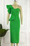 Green Street Solid Flounce One Shoulder Pencil Skirt Dresses