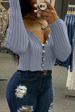Blue Casual Solid Patchwork Buckle Cardigan Collar Tops