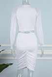 White Sexy Solid Mesh O Neck Long Sleeve Two Pieces