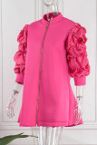 Yellow Elegant Solid Patchwork Fold Zipper Cardigan Collar A Line Dresses