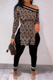 Black Brown Street Print Patchwork One Shoulder Long Sleeve Two Pieces