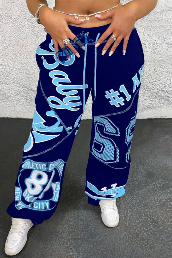 Royal Blue Fashion Casual Print Basic Regular Mid Waist Trousers