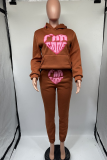Brown Street Print Patchwork Hooded Collar Long Sleeve Two Pieces