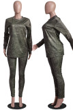 Grey Casual Print Patchwork O Neck Long Sleeve Two Pieces