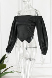 Green Elegant Solid Patchwork Asymmetrical Off the Shoulder Tops