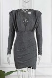 Grey Sexy Solid Patchwork V Neck Long Sleeve Dresses