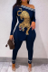 Dark Blue Street Print Patchwork One Shoulder Long Sleeve Two Pieces