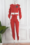 Red Casual Letter Print Patchwork Zipper Collar Long Sleeve Two Pieces