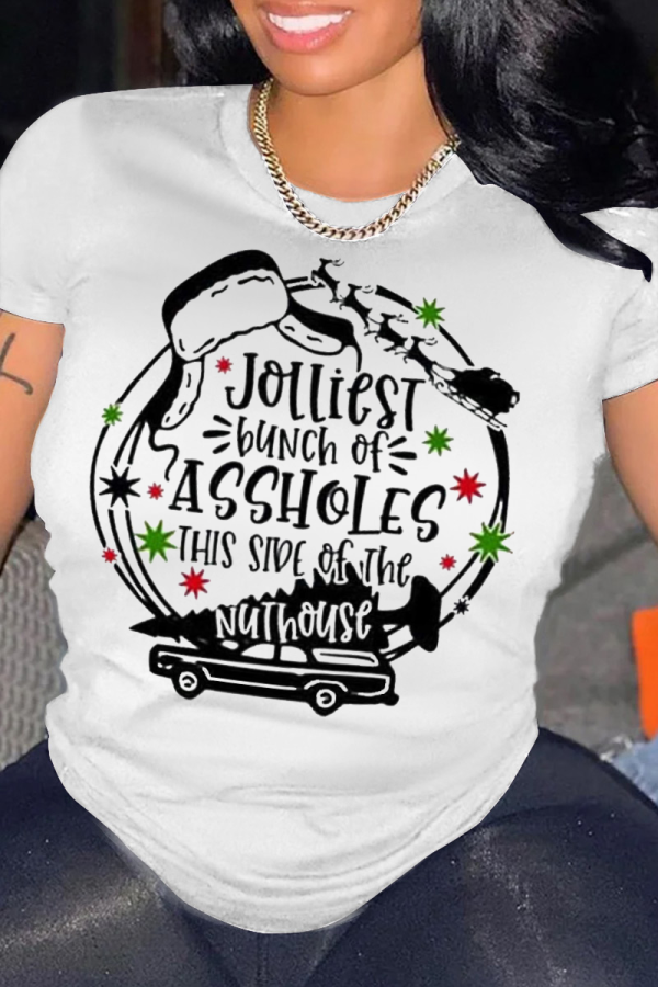 White Party Simplicity Print Patchwork Letter O Neck T-Shirts