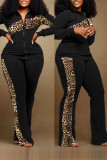 Black Casual Daily Print Solid Patchwork Zipper Collar Long Sleeve Two Pieces