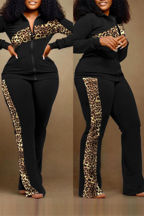 Black Casual Daily Print Solid Patchwork Zipper Collar Long Sleeve Two Pieces