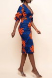 Blue Orange Casual Print Patchwork V Neck Dresses