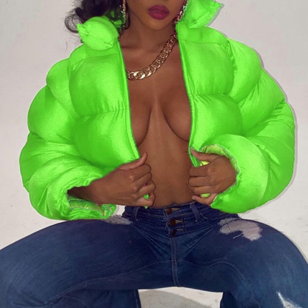 Fluorescent Green Casual Solid Patchwork Mandarin Collar Outerwear