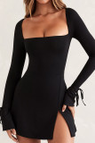 Apricot Sexy Solid Bandage Patchwork Slit Square Collar A Line Dresses