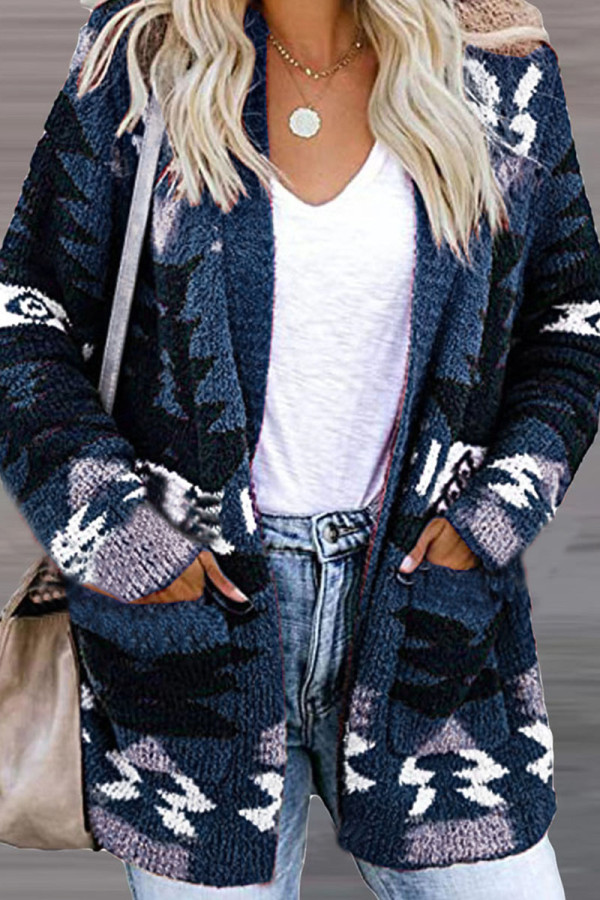 Blue Casual Patchwork Cardigan Collar Outerwear