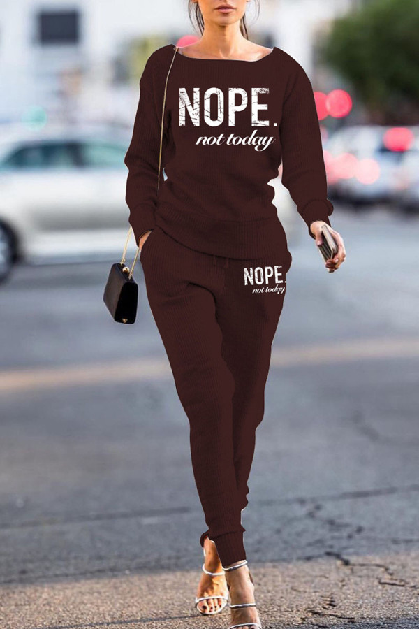 Coffee Casual Street Print Patchwork O Neck Long Sleeve Two Pieces