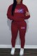 Burgundy Casual Print Letter Hooded Collar Long Sleeve Two Pieces