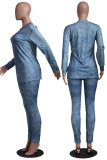Grey Casual Print Patchwork O Neck Long Sleeve Two Pieces