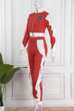 Red Casual Letter Print Patchwork Zipper Collar Long Sleeve Two Pieces