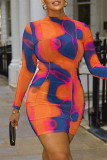 Orange Sexy Print Patchwork See-through Half A Turtleneck Pencil Skirt Dresses