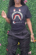 Black Daily Vintage Print Patchwork Letter O Neck T-Shirts