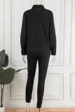 Black Casual Solid Cardigan Pants Turndown Collar Long Sleeve Two Pieces