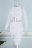White Sexy Solid Mesh O Neck Long Sleeve Two Pieces