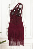 Burgundy Sexy Solid Tassel Embroidered Patchwork Backless Oblique Collar One Shoulder Dress Dresses