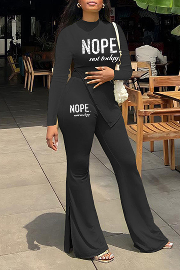 Black Casual Print Patchwork Slit O Neck Long Sleeve Two Pieces