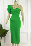 Green Street Solid Flounce One Shoulder Pencil Skirt Dresses