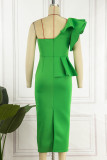 Green Street Solid Flounce One Shoulder Pencil Skirt Dresses
