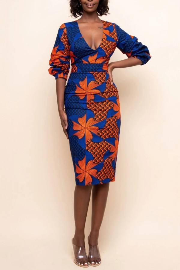 Tangerine Red Casual Print Patchwork V Neck Dresses