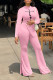 Pink Casual Print Patchwork Slit O Neck Long Sleeve Two Pieces