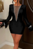 Black Sexy Solid Tassel See-through O Neck Pencil Skirt Dresses