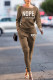 Dark Khaki Casual Street Print Patchwork O Neck Long Sleeve Two Pieces