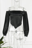 Green Elegant Solid Patchwork Asymmetrical Off the Shoulder Tops
