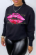 Black Street Vintage Lips Printed Patchwork Letter O Neck Tops
