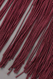 Burgundy Sexy Solid Tassel Embroidered Patchwork Backless Oblique Collar One Shoulder Dress Dresses