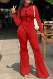 Red Casual Print Patchwork Slit O Neck Long Sleeve Two Pieces