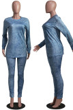 Grey Casual Print Patchwork O Neck Long Sleeve Two Pieces