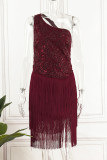 Burgundy Sexy Solid Tassel Embroidered Patchwork Backless Oblique Collar One Shoulder Dress Dresses