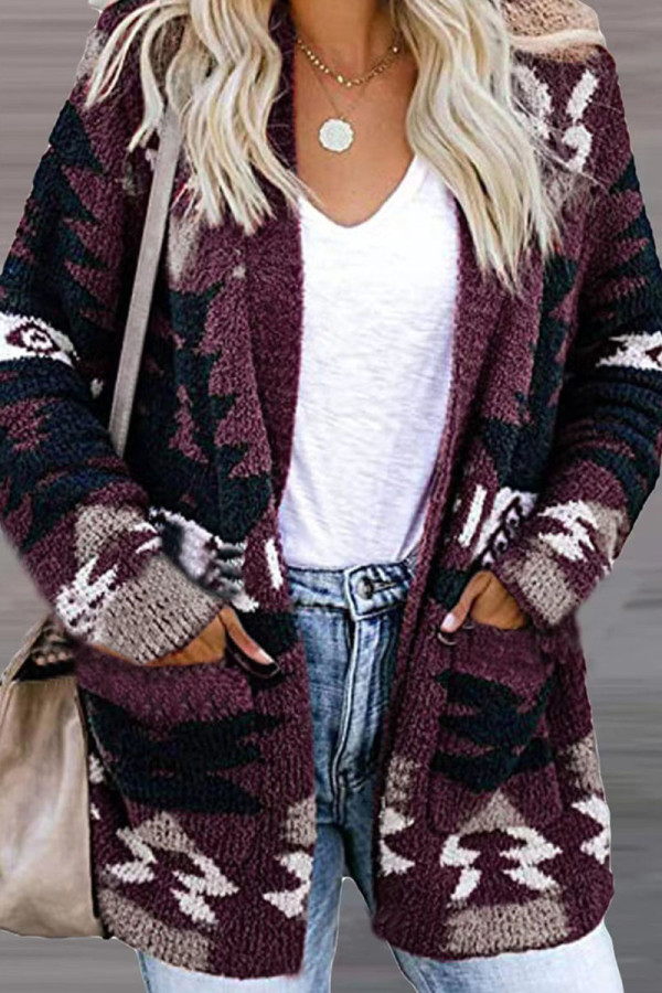 Purple Casual Patchwork Cardigan Collar Outerwear
