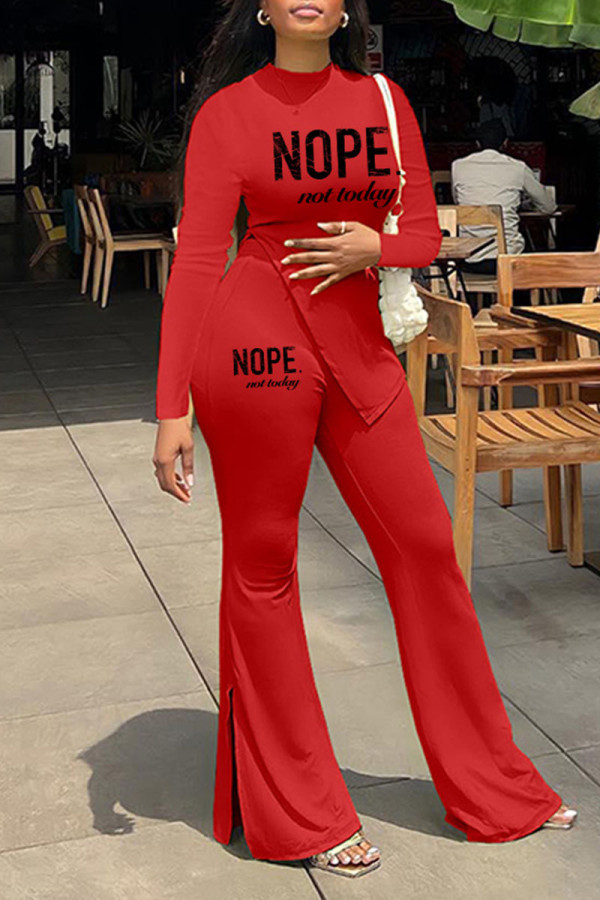 Red Casual Print Patchwork Slit O Neck Long Sleeve Two Pieces