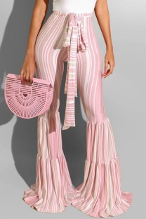 Pink Casual Striped Print Patchwork Boot Cut High Waist Speaker Trousers